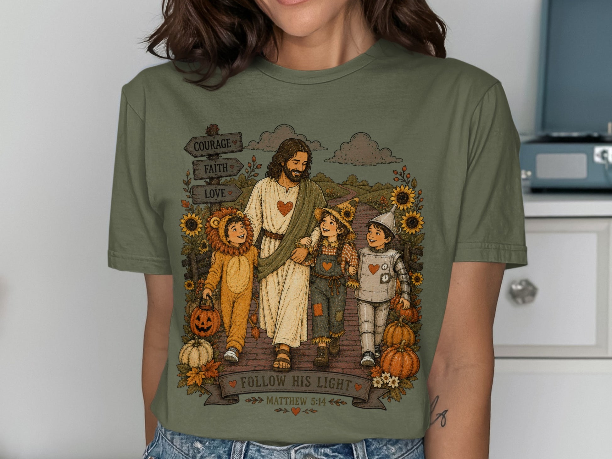 Jesus walks with children dressed as a scarecrow, lion, and tin man.