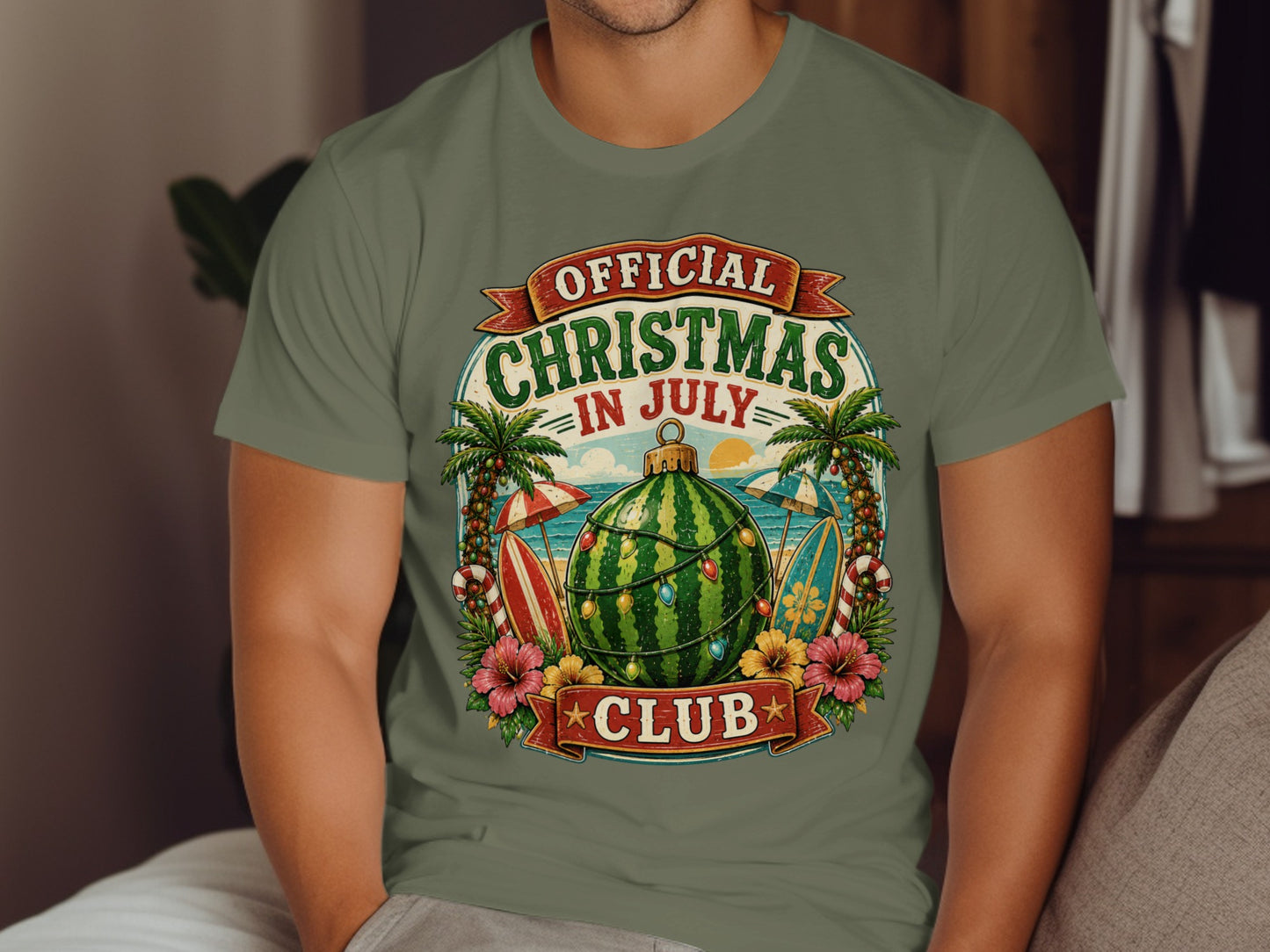 Christmas in July Club t-shirt with watermelon, palm trees, and surfboards.