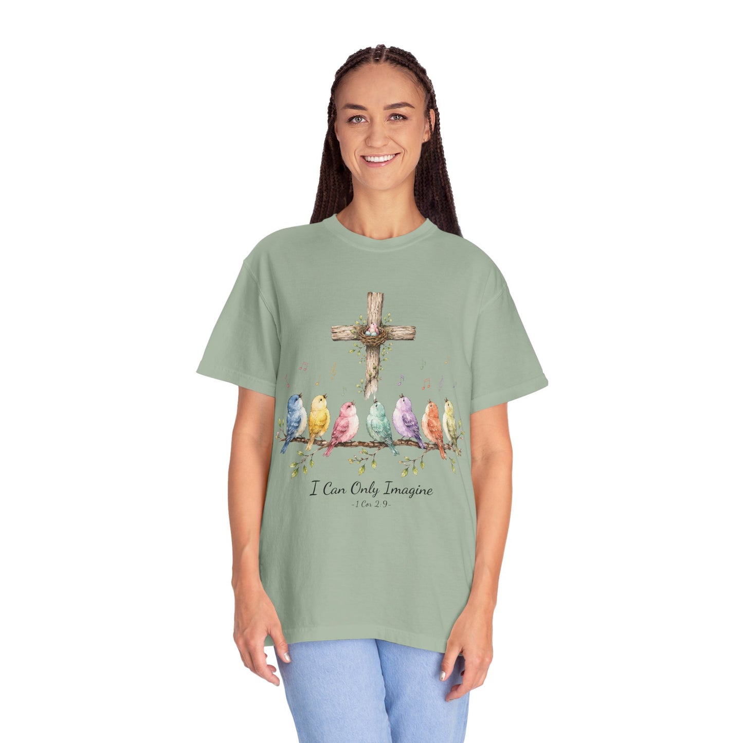I Can Only Imagine Shirt, Cross with Songbirds Women's Christian Tee | 1 Corinthians 2:9 Worship Gift