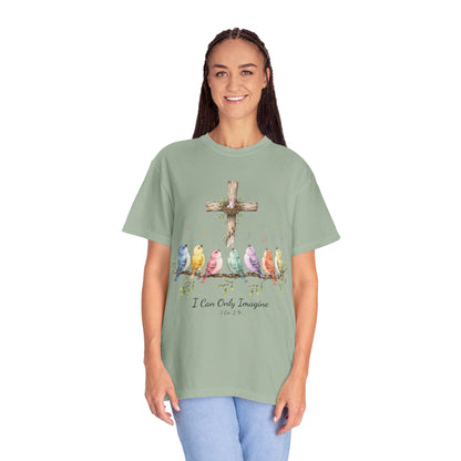 I Can Only Imagine Shirt, Cross with Songbirds Women's Christian Tee | 1 Corinthians 2:9 Worship Gift