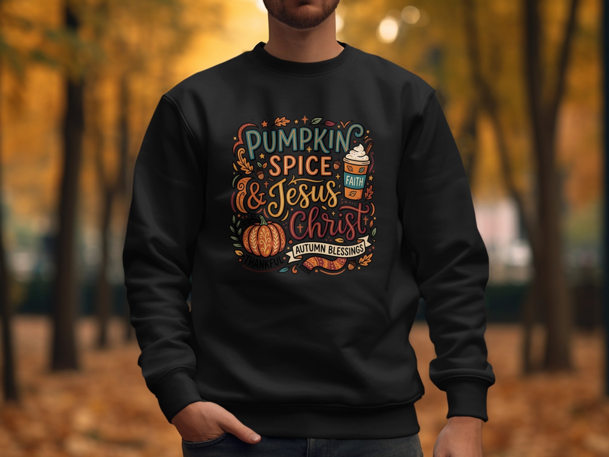 Black sweatshirt with "Pumpkin Spice & Jesus" text and autumn graphics.