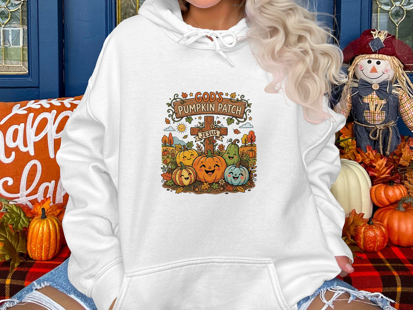 Hoodie with cartoon pumpkins and "God's Pumpkin Patch Jesus" text.