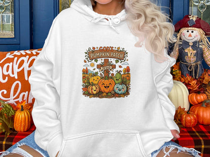 Hoodie with cartoon pumpkins and "God's Pumpkin Patch Jesus" text.