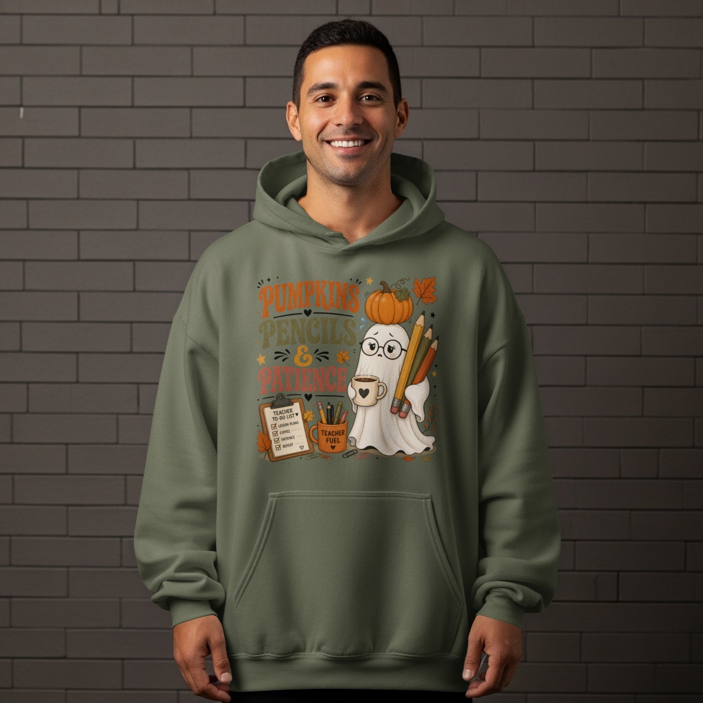 Ghost with pumpkin, pencils, and coffee mug text "Pumpkins Pencils & Patience".