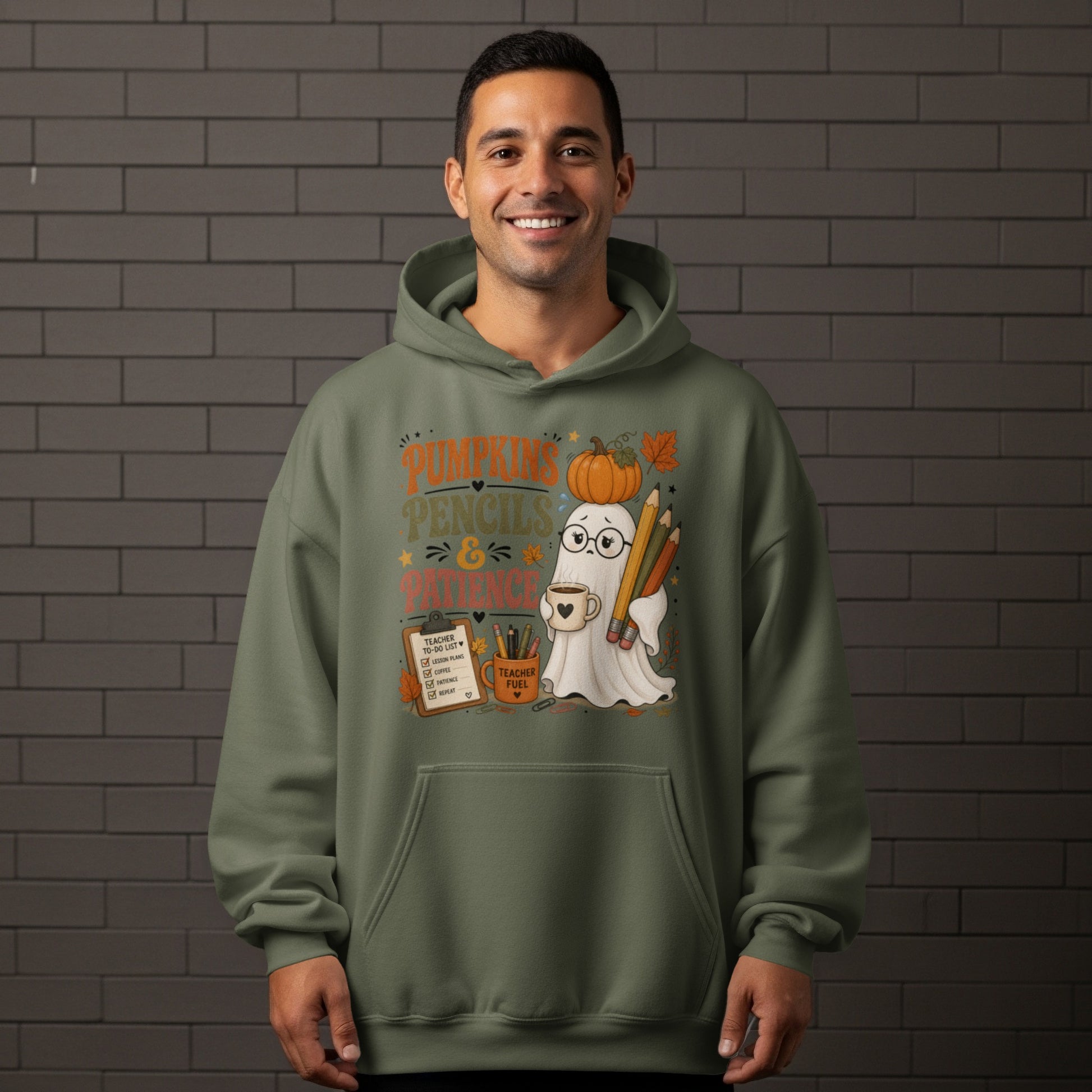 Ghost with pumpkin, pencils, and coffee mug text "Pumpkins Pencils & Patience".