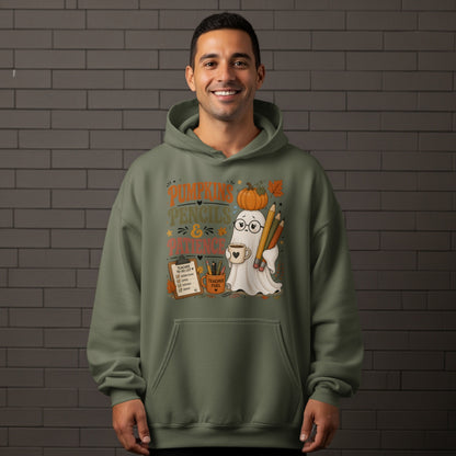 Ghost with pumpkin, pencils, and coffee mug text "Pumpkins Pencils & Patience".