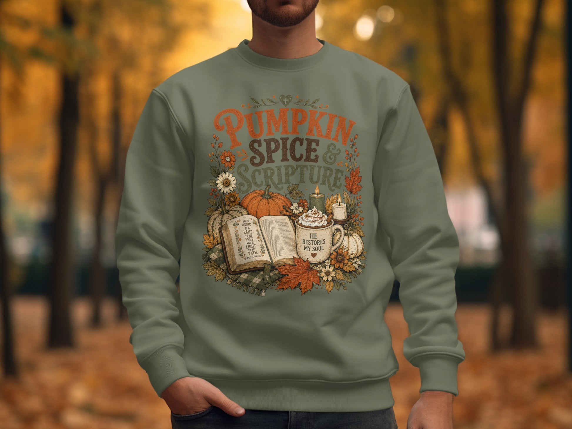 Crewneck sweatshirt with "Pumpkin Spice & Scripture" text and Bible verse.