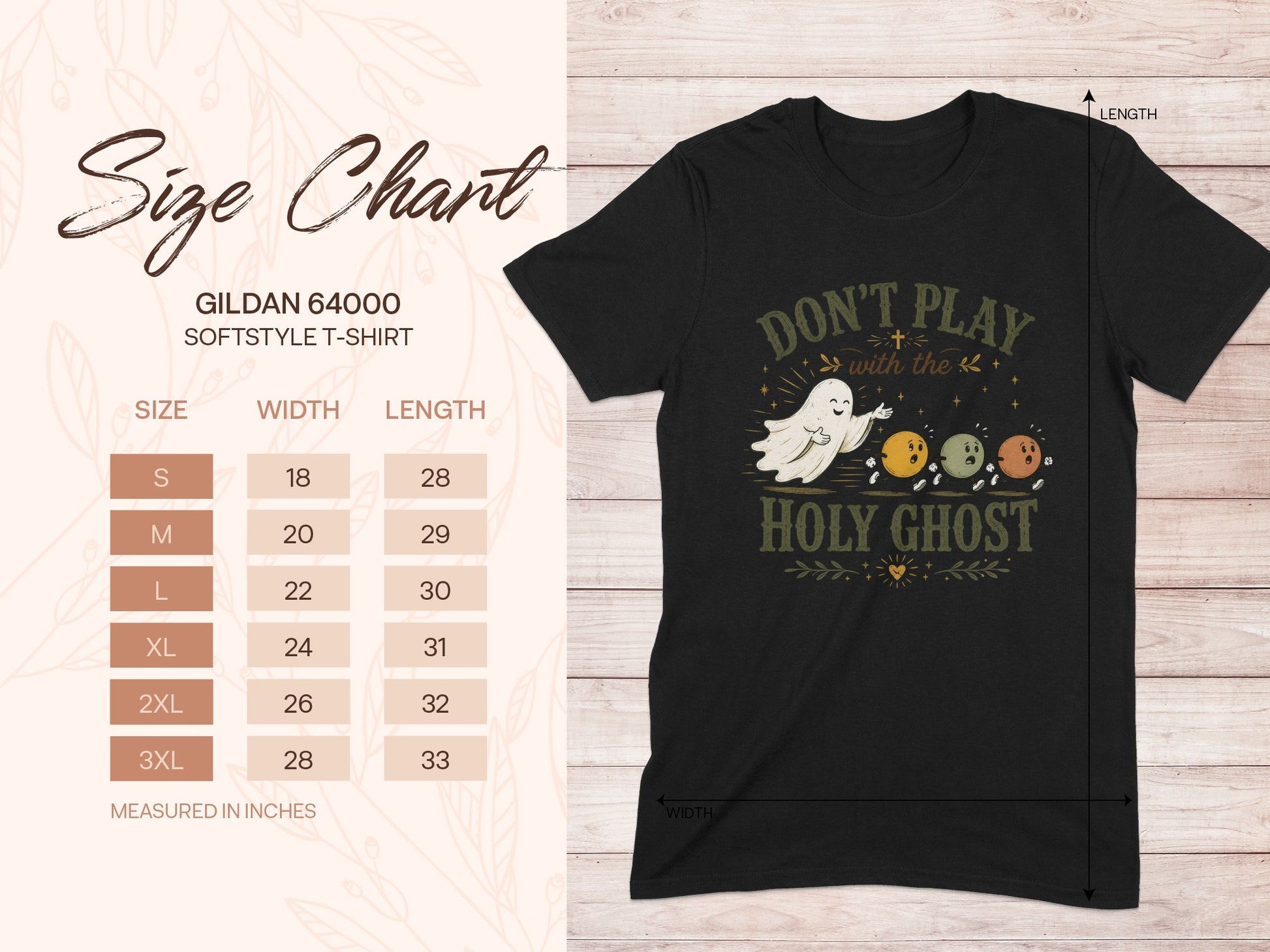 Gildan 64000 t-shirt size chart with "Don't Play with the Holy Ghost" graphic.