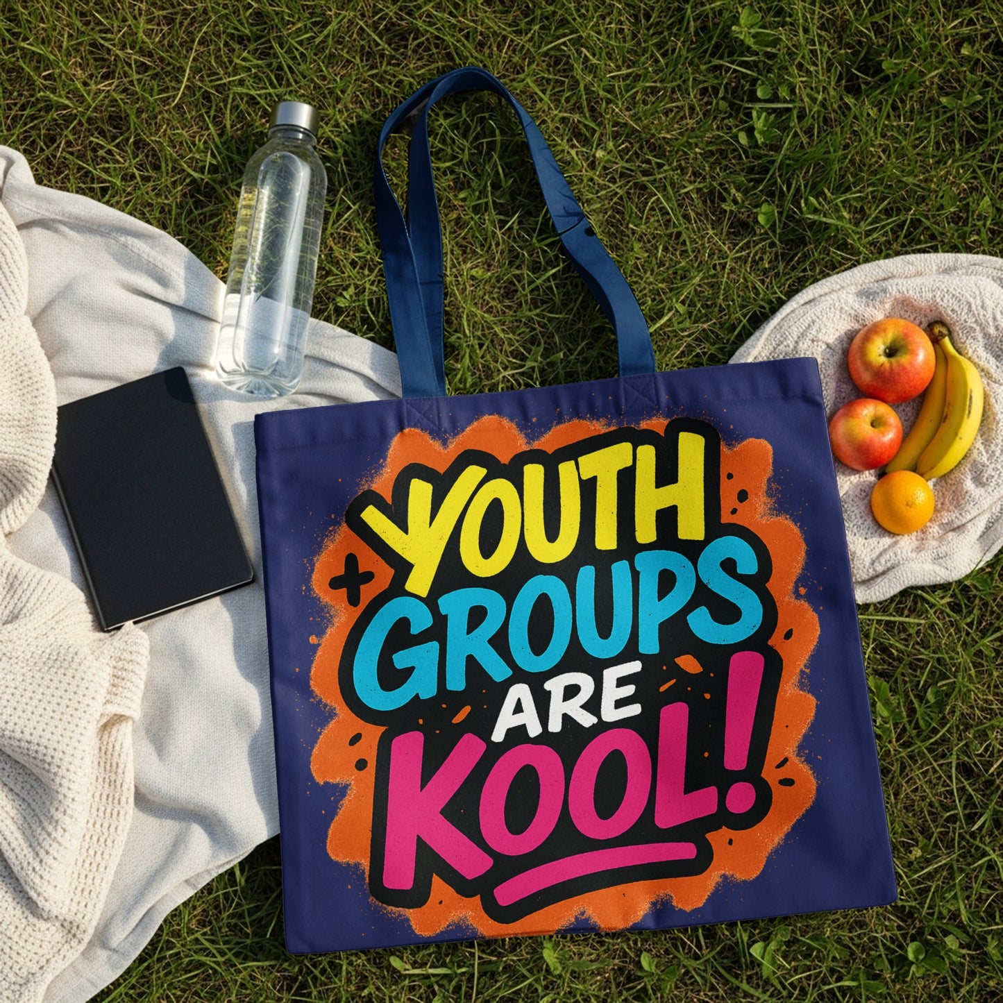 Tote bag with "Youth Groups Are Kool!" graphic, picnic setting.