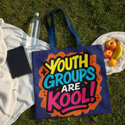 Tote bag with "Youth Groups Are Kool!" graphic, picnic setting.