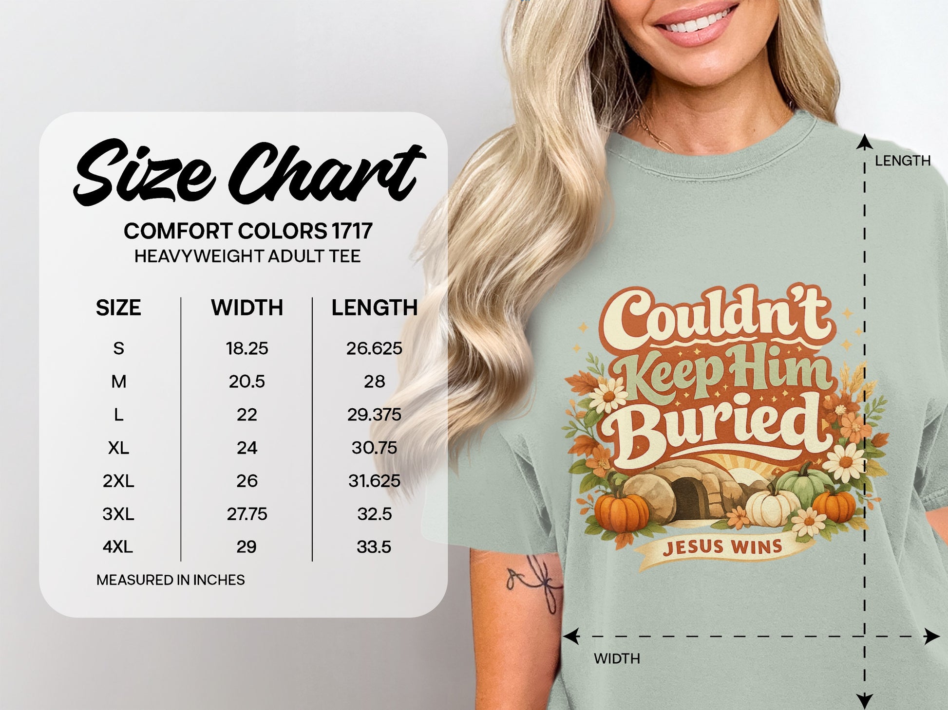 Comfort Colors 1717 size chart with a graphic of a tomb, pumpkins, and "Jesus Wins" text.