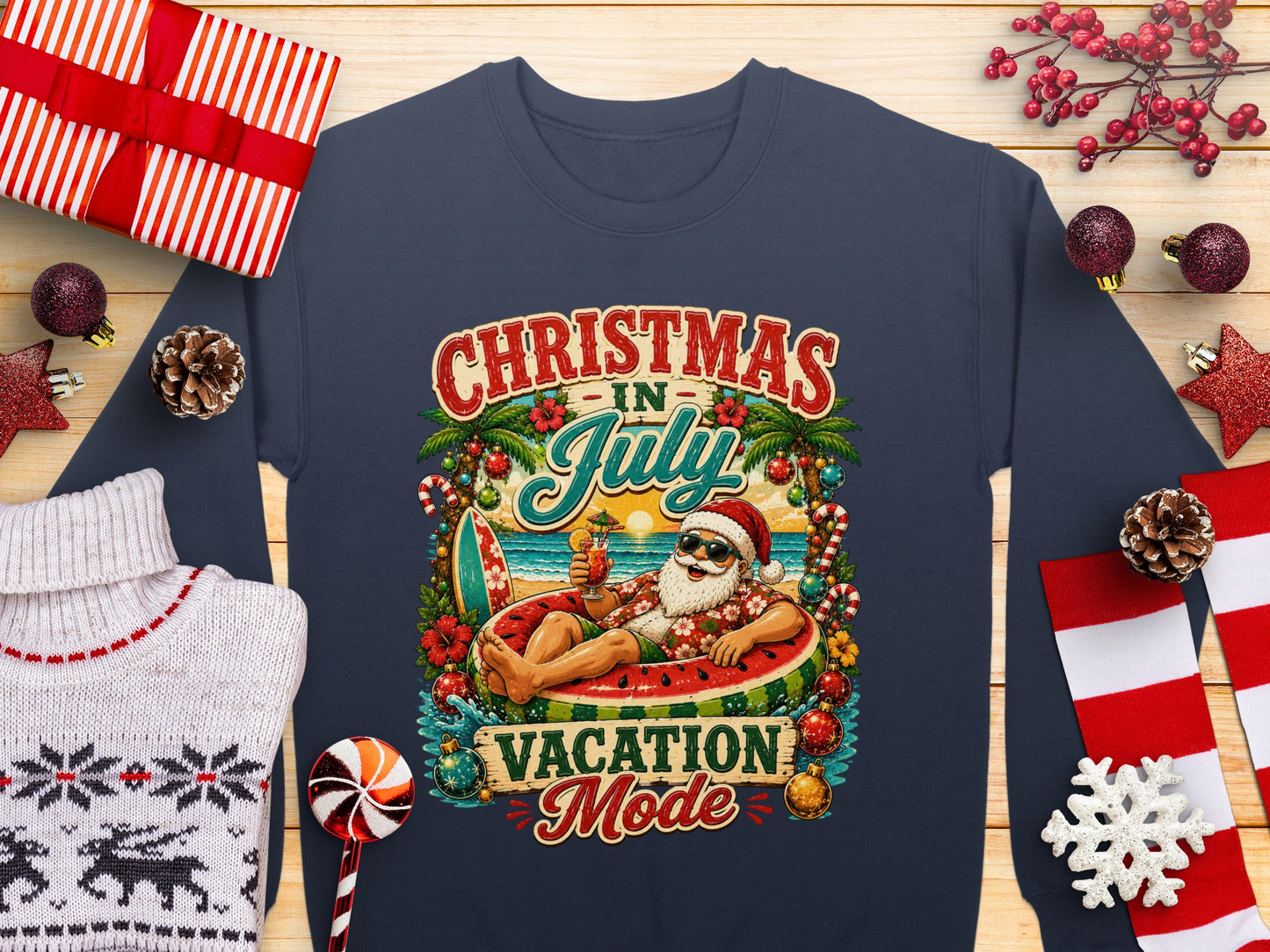 Santa in a watermelon float with "Christmas in July Vacation Mode" text.