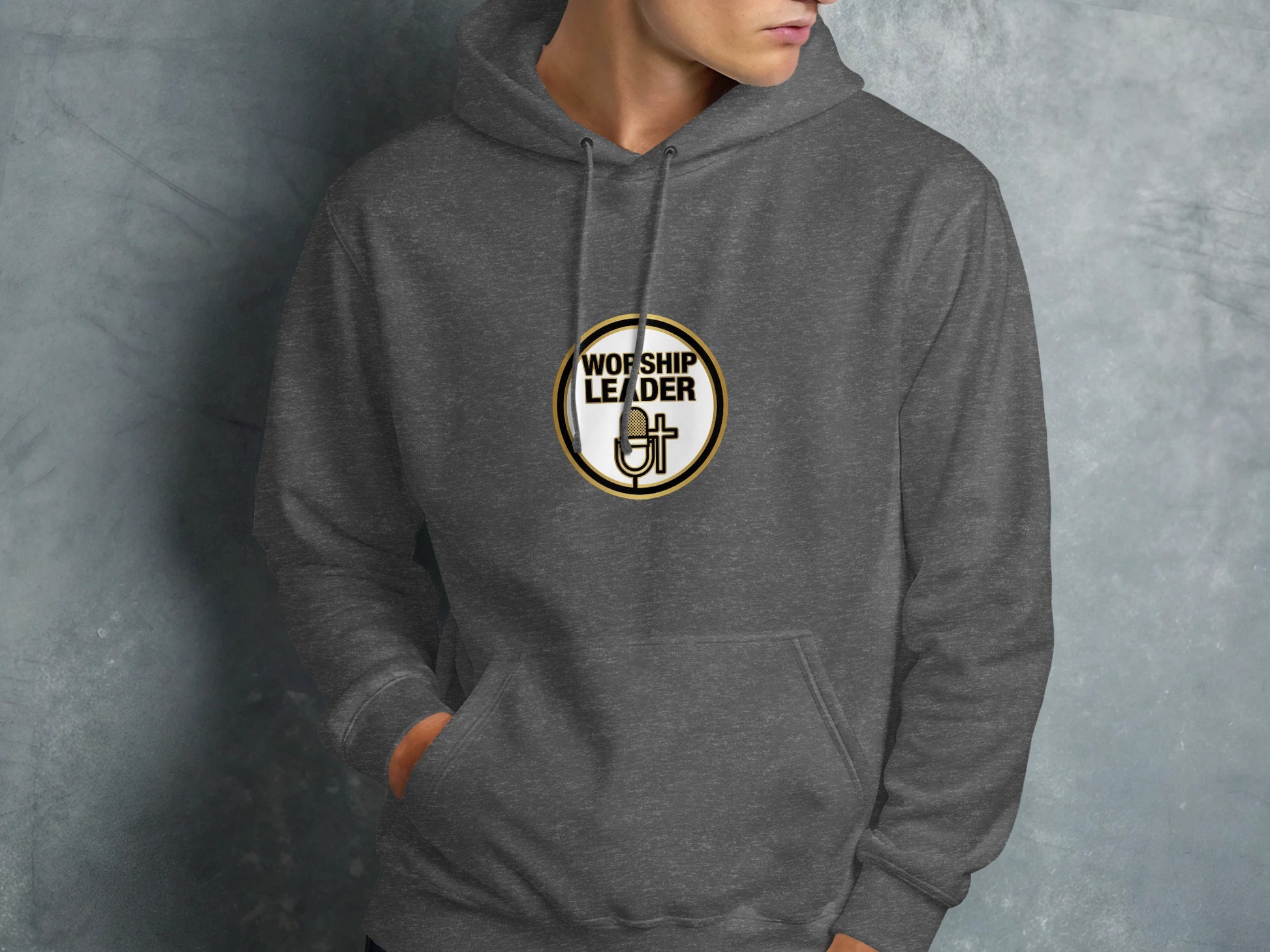 Dark gray hoodie with "WORSHIP LEADER" and microphone logo on chest.