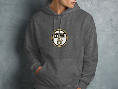 Dark gray hoodie with "WORSHIP LEADER" and microphone logo on chest.