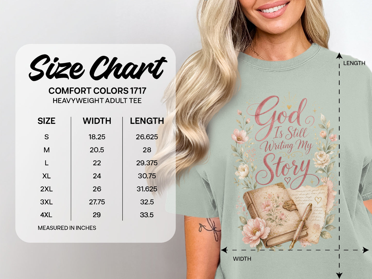 Size chart for Comfort Colors 1717 heavyweight adult tee with "God Is Still Writing My Story" design.