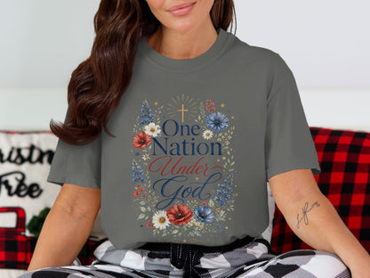 Gray t-shirt with "One Nation Under God" text in floral frame.