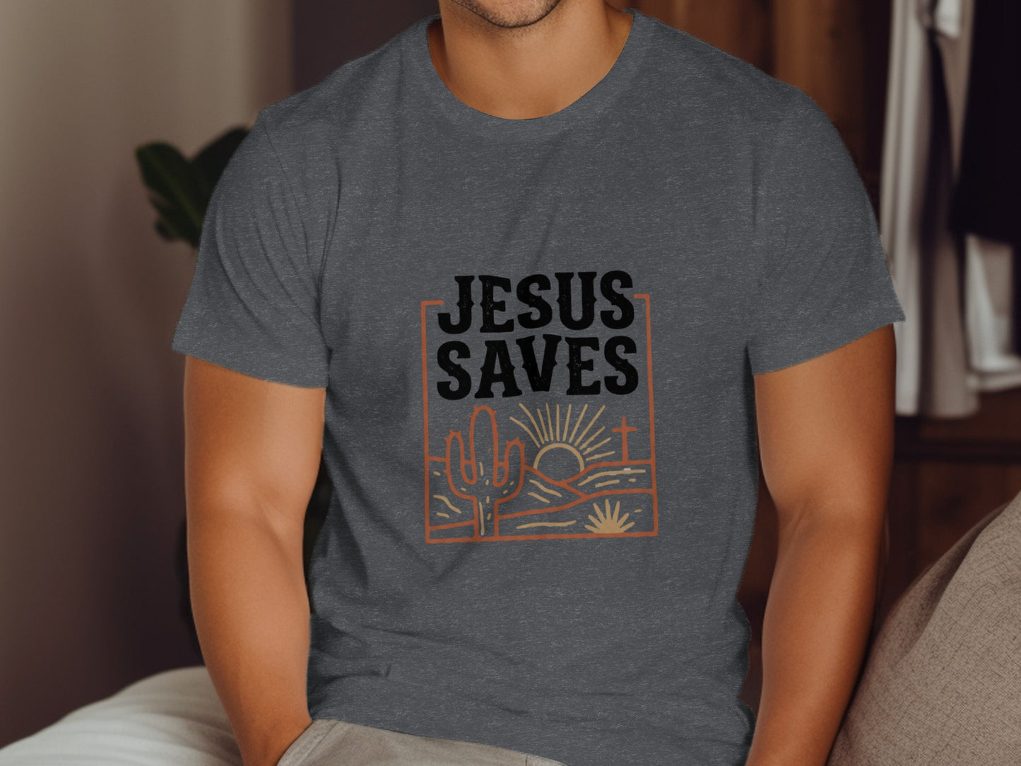 Dark gray t-shirt with "JESUS SAVES" and desert sunset graphic.