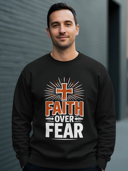 Black sweatshirt with "FAITH OVER FEAR" and cross graphic.