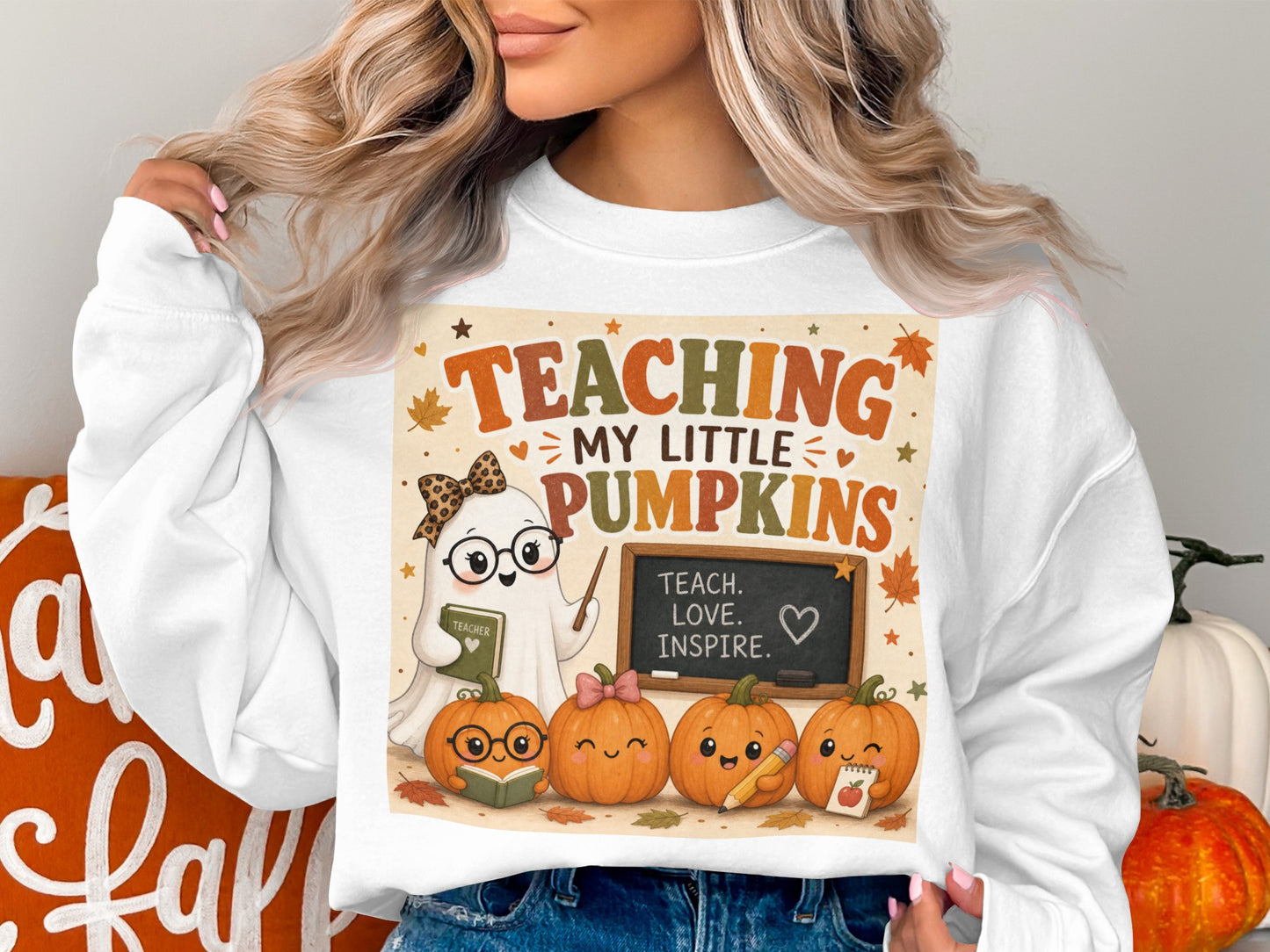 Ghost and pumpkins graphic with text "Teaching My Little Pumpkins" and "Teach. Love. Inspire."