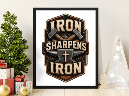 Art print with "Iron Sharpens Iron" text, anvil, hammers, and cross.