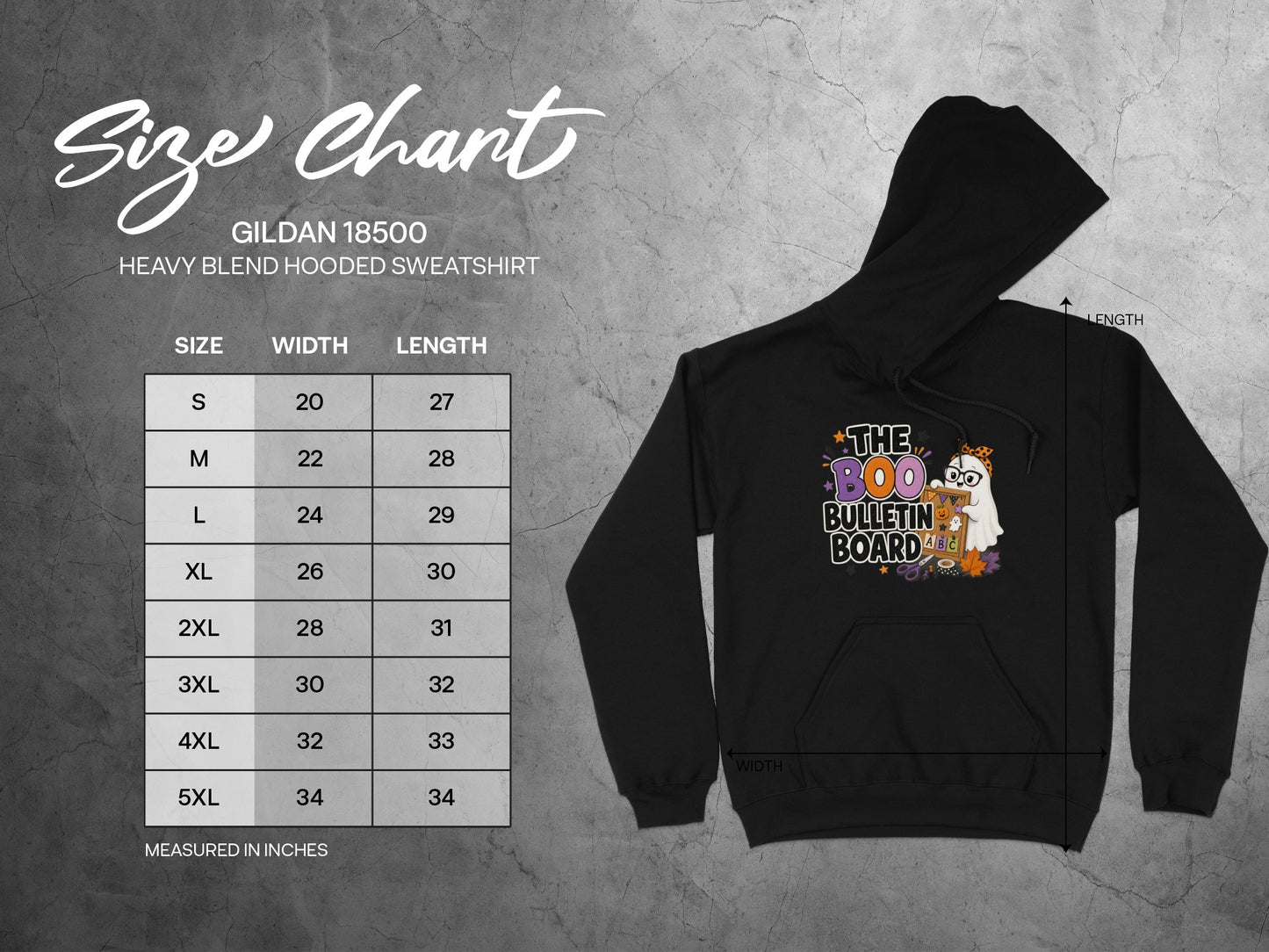 Gildan 18500 Heavy Blend hooded sweatshirt size chart with measurements.