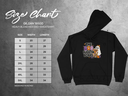 Gildan 18500 Heavy Blend hooded sweatshirt size chart with measurements.