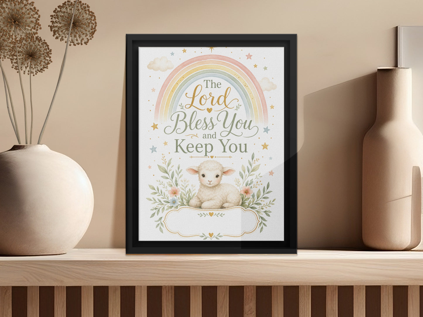 Framed art with a lamb, rainbow, and the text "The Lord Bless You and Keep You".