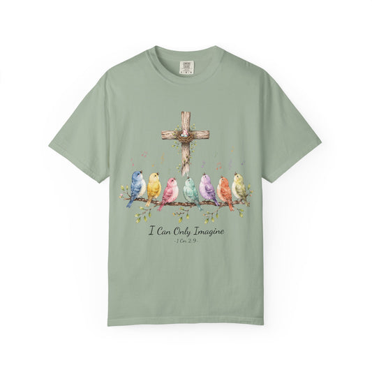 I Can Only Imagine Shirt, Cross with Songbirds Women's Christian Tee | 1 Corinthians 2:9 Worship Gift