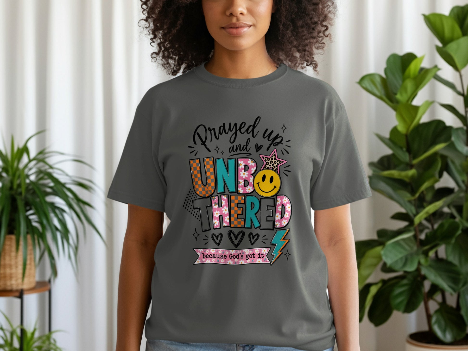 Gray t-shirt with "Prayed up and UNBOXED THERED because God's got it" text and graphics.