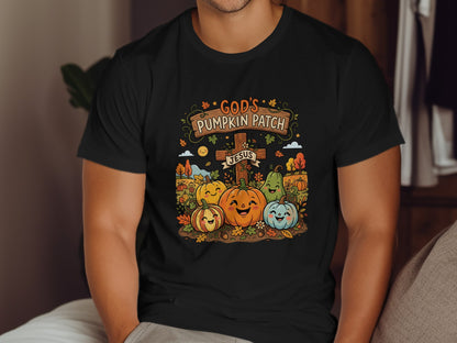 Pumpkins and fall leaves with "God's Pumpkin Patch Jesus" text.
