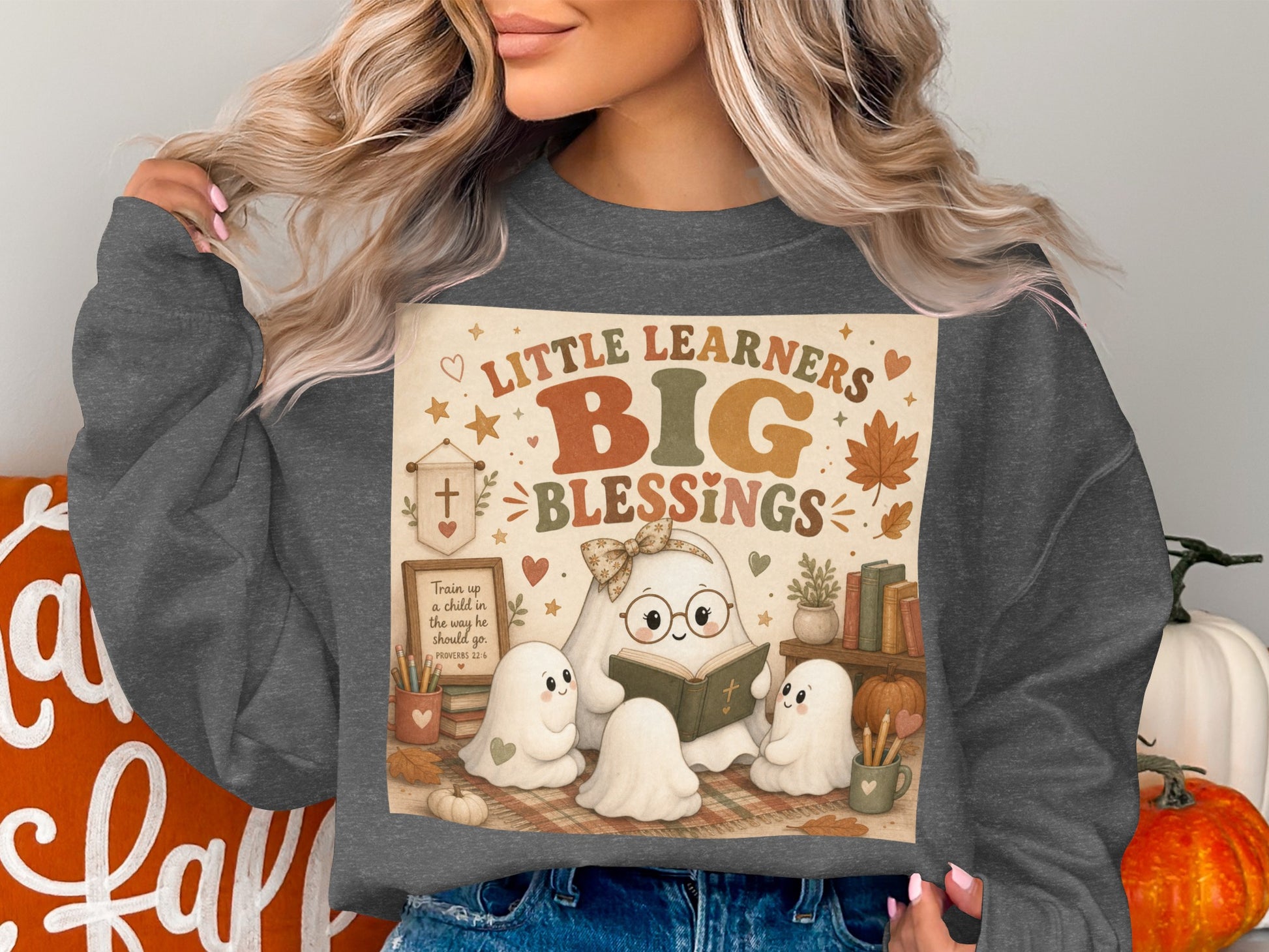 Ghost reading to children with text "Little Learners Big Blessings" and Bible verse.