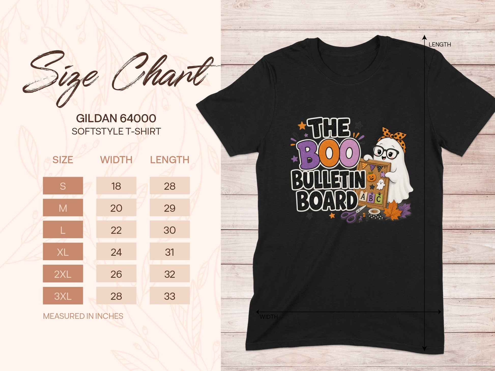 Gildan 64000 softstyle t-shirt size chart with Halloween graphic.