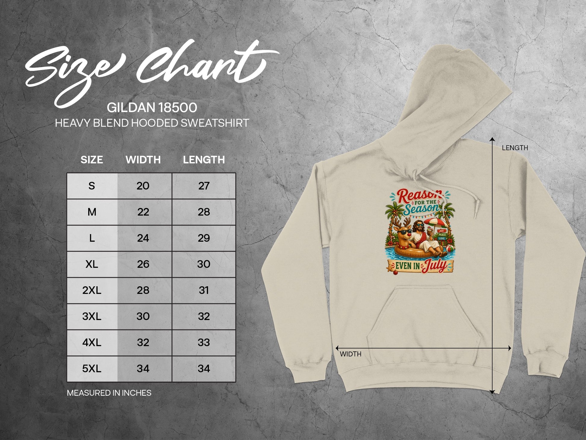Gildan 18500 hooded sweatshirt size chart with dimensions and graphic.