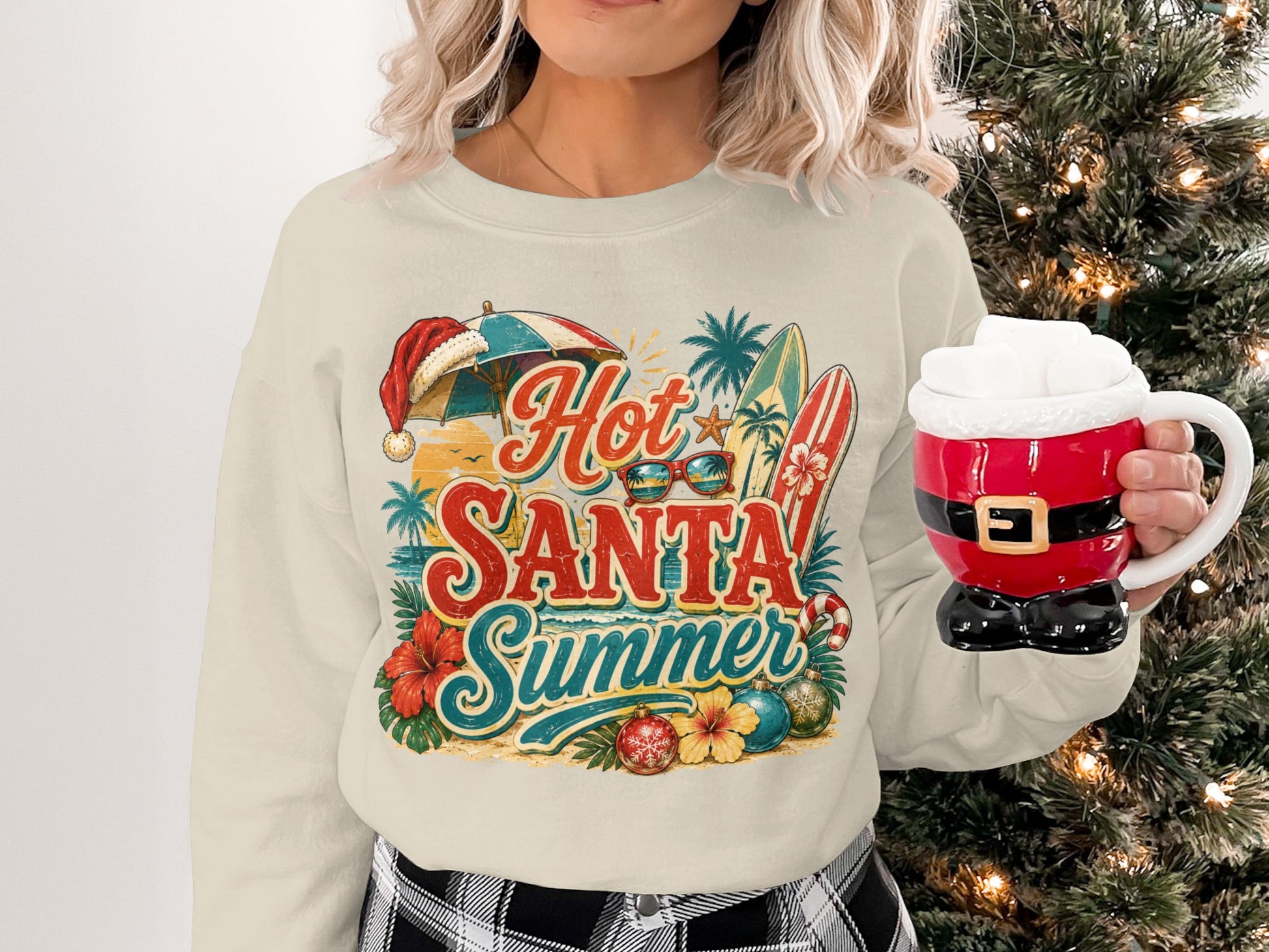 Crewneck sweatshirt with "Hot Santa Summer" graphic featuring beach elements.