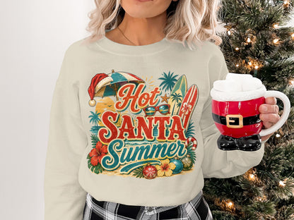Crewneck sweatshirt with "Hot Santa Summer" graphic featuring beach elements.