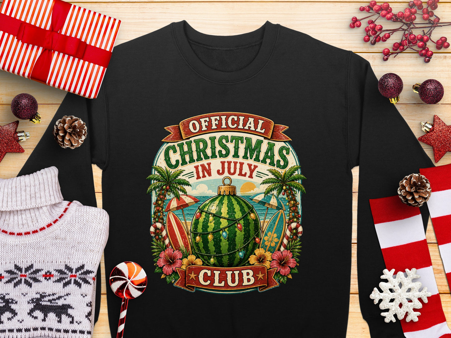 Official Christmas in July graphic with surfboards, watermelon, and palm trees.