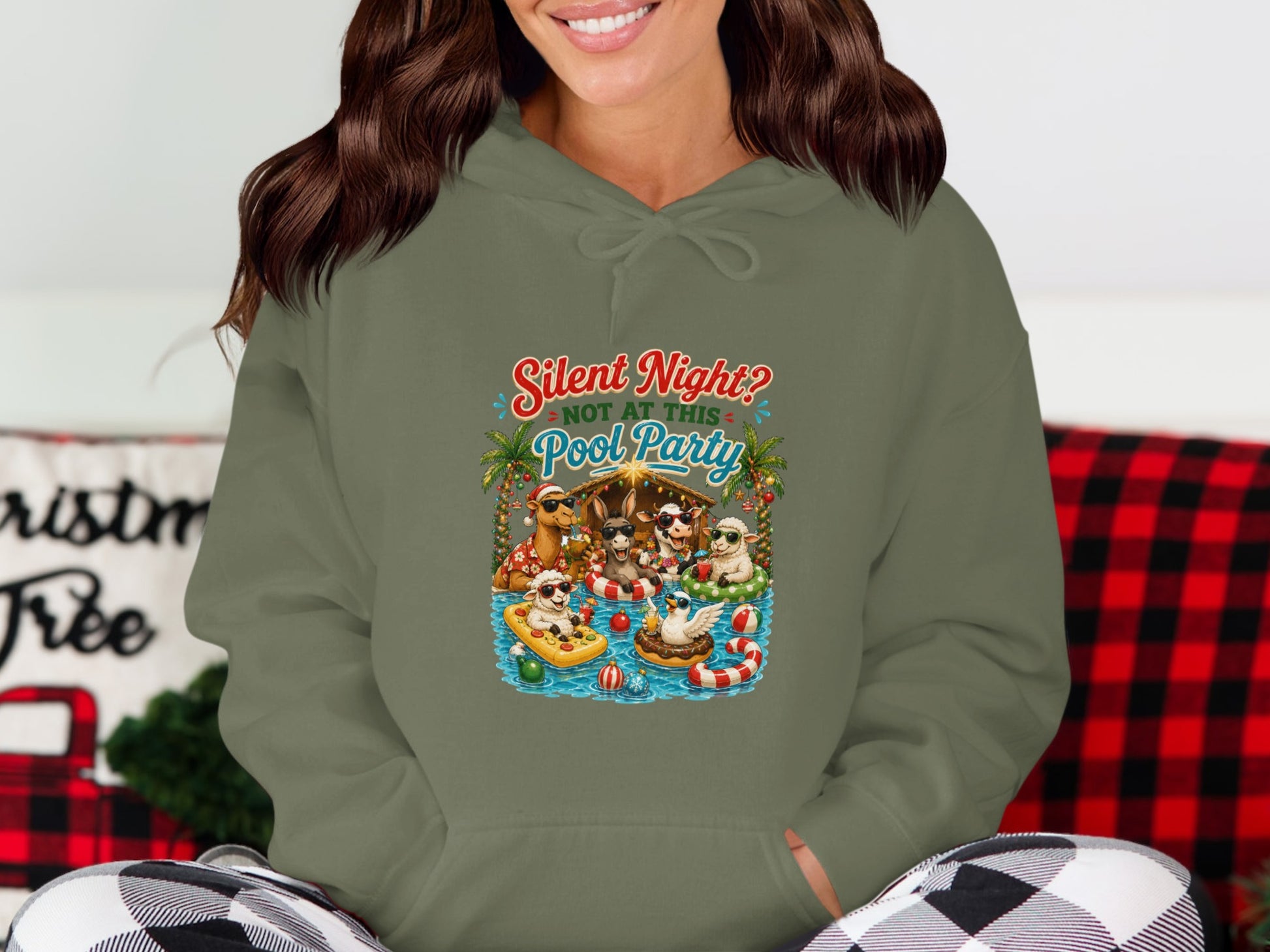 Hoodie with cartoon sheep and goats at a pool party with text "Silent Night? Not at this Pool Party".