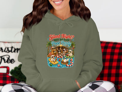 Hoodie with cartoon sheep and goats at a pool party with text "Silent Night? Not at this Pool Party".