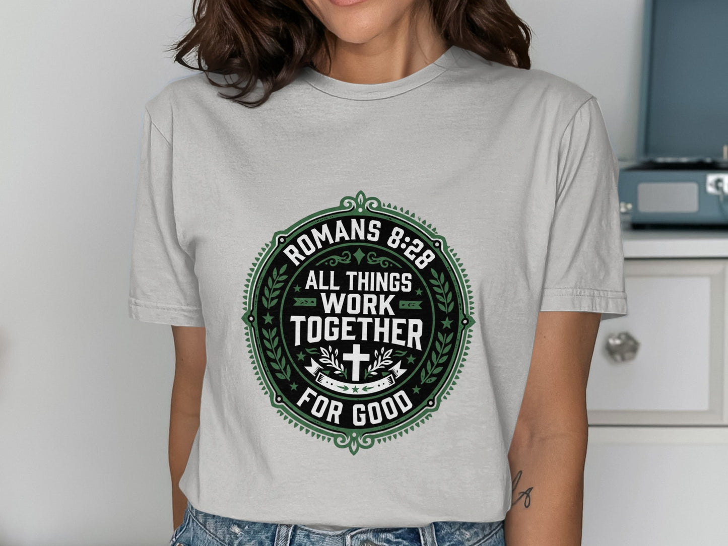 Grey t-shirt with Romans 8:28 "All things work together for good" graphic.