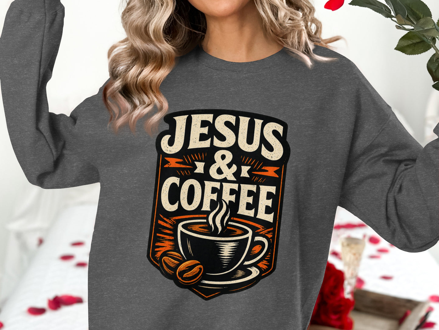 Dark grey sweatshirt with "Jesus & Coffee" and coffee cup design.