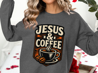 Dark grey sweatshirt with "Jesus & Coffee" and coffee cup design.