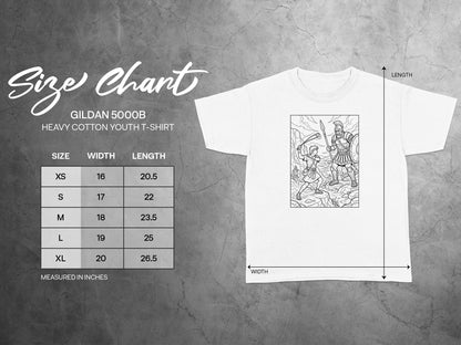 Gildan 5000B youth t-shirt size chart showing measurements in inches.