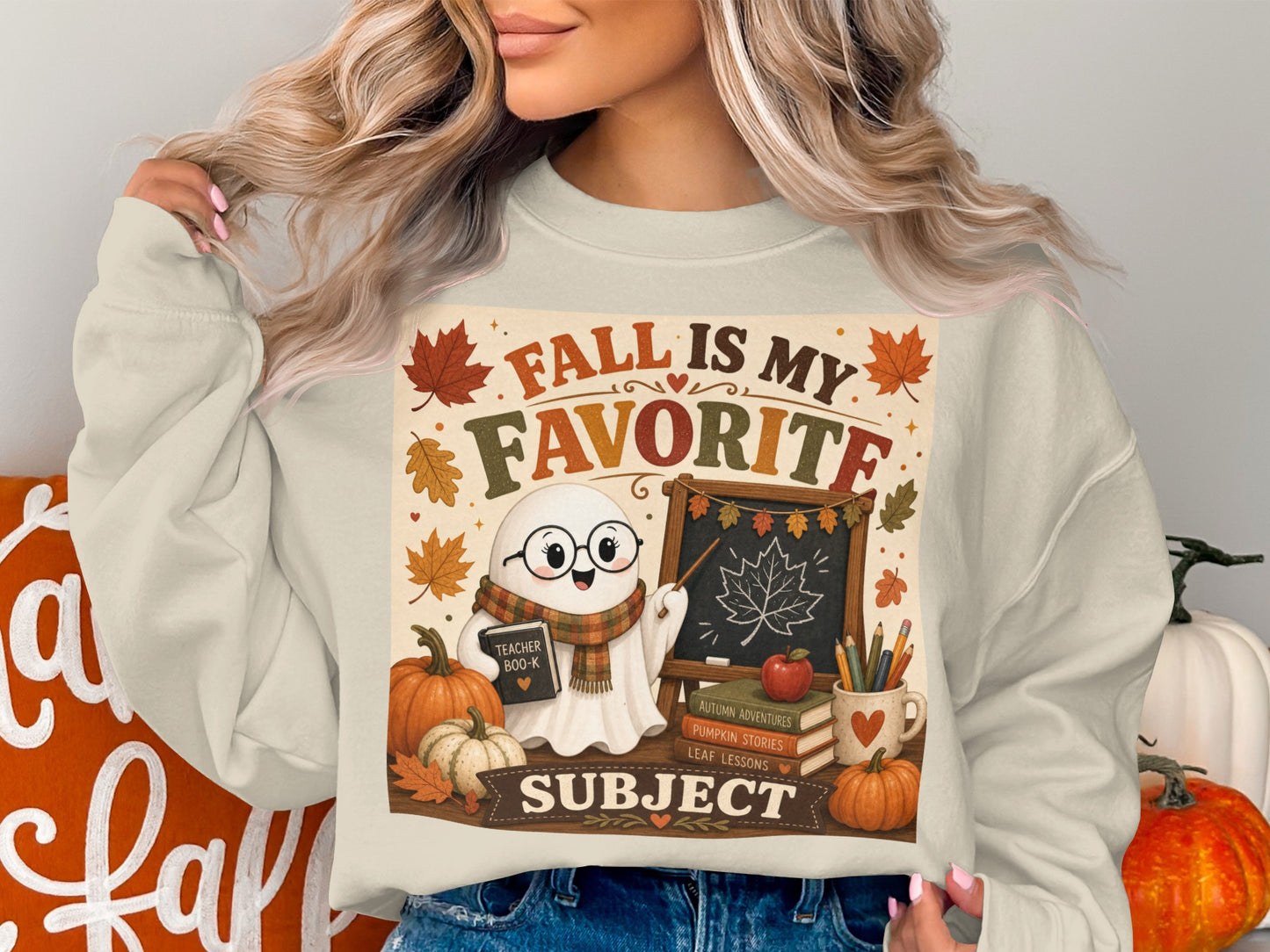 Ghost with glasses holding book and pointer, "Fall is My Favorite Subject" text.