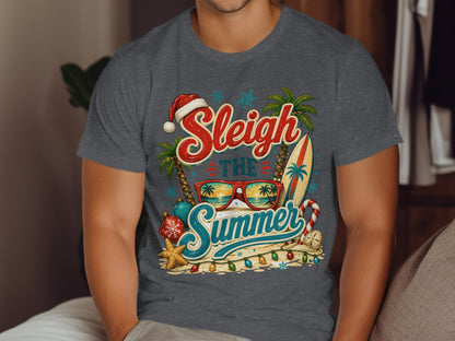 Sleigh the Summer text with Santa hat, sunglasses, surfboard, palm trees, and ornaments.