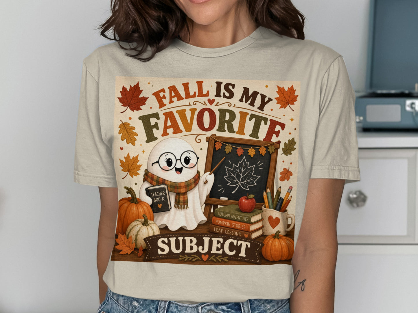 Ghost teacher with pumpkins and books, saying "Fall is my favorite subject."