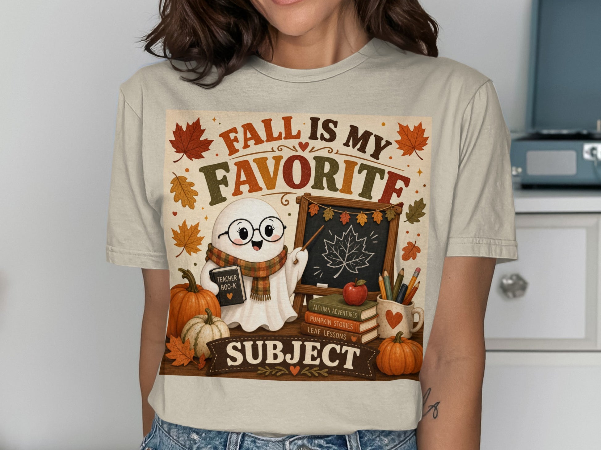 Ghost teacher with pumpkins and books, saying "Fall is my favorite subject."
