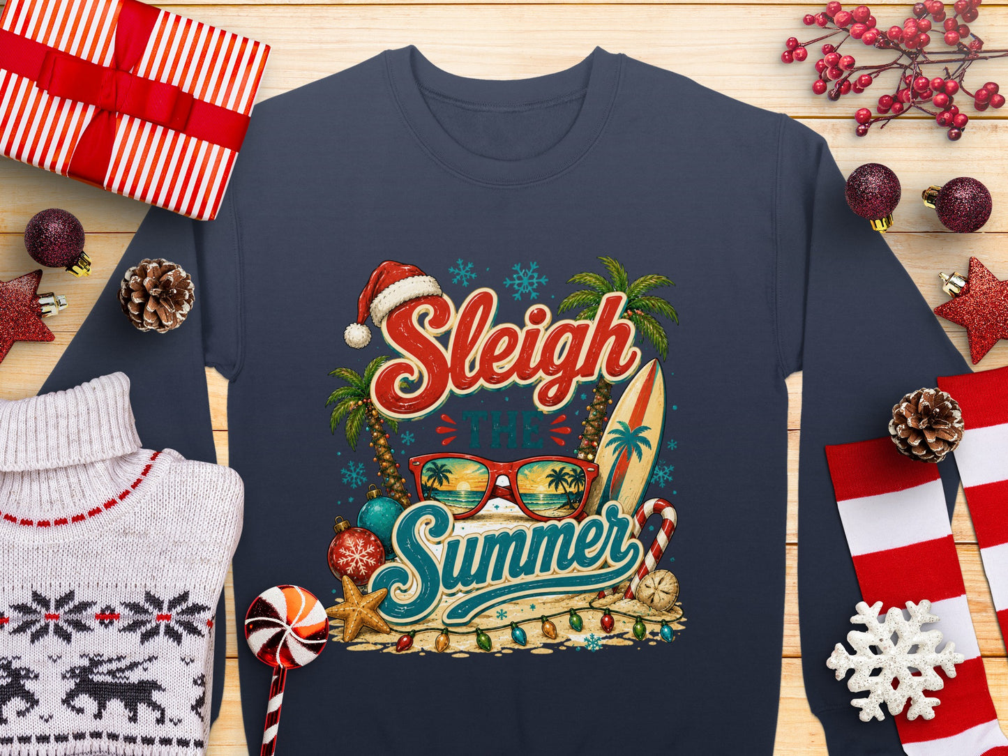 Sweatshirt with "Sleigh the Summer" text, palm trees, surfboard, and beach scene.