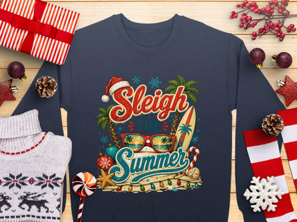 Sweatshirt with "Sleigh the Summer" text, palm trees, surfboard, and beach scene.