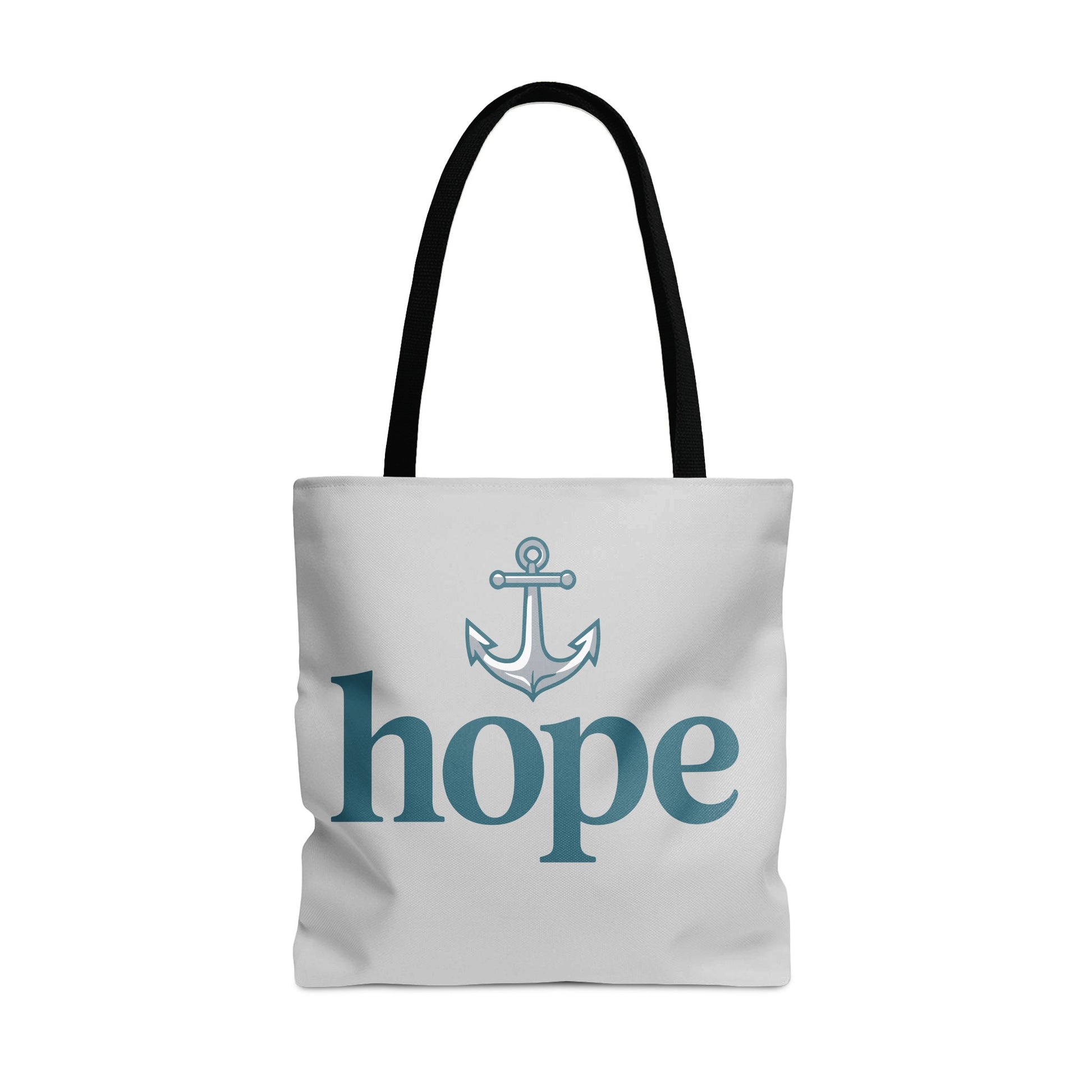 White tote bag with anchor graphic and the word "hope" printed in teal.