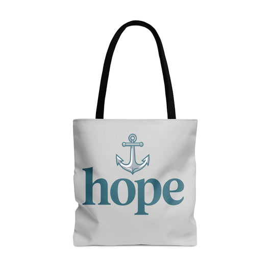 White tote bag with anchor graphic and the word "hope" printed in teal.